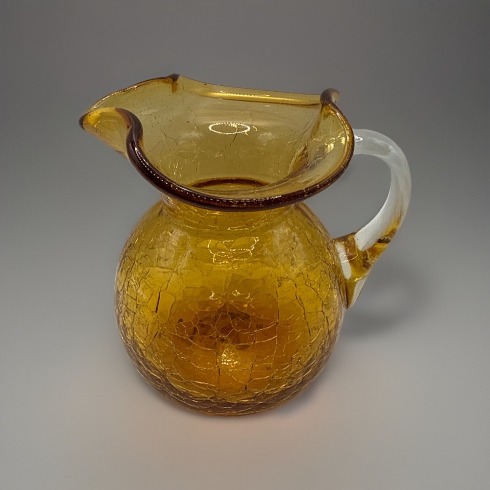Vintage MCM Crackle Art Glass Hand‎ Blown Mini Pitcher 4" in Amber Clear Handle